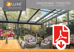 Broschüre zu Panorama-Glasschiebewänden für Terrassendächer von Aluxe zum Download